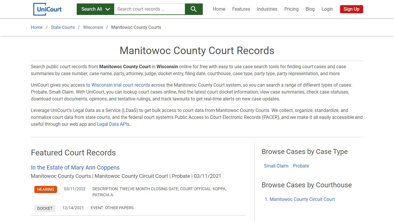 Manitowoc County Court Records | Wisconsin | UniCourt